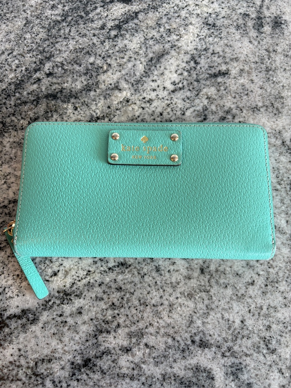 Kate Spade Zip-Around Wallet in Aqua Green with Gold Plaque